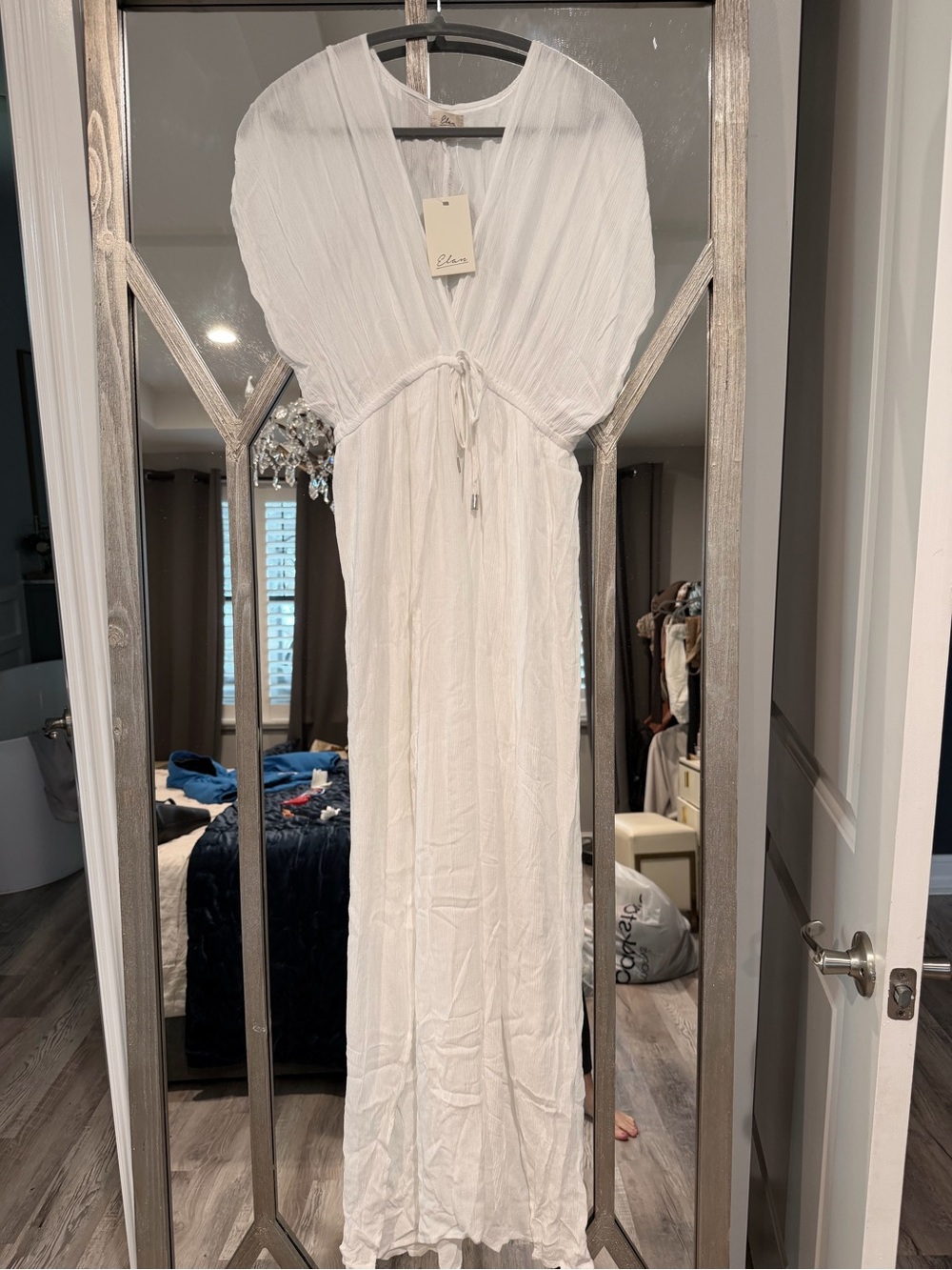 Elan White Sheer V-Neck Maxi Swim Coverup with Drawstring